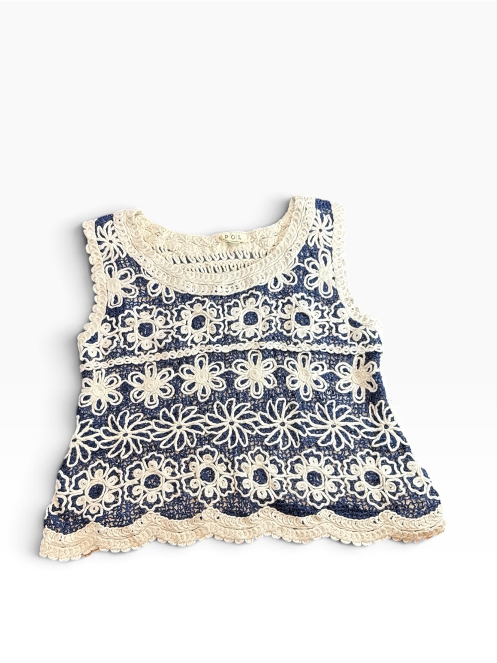 POL Crocheted Navy & Cream Floral Tank Top - Women’s